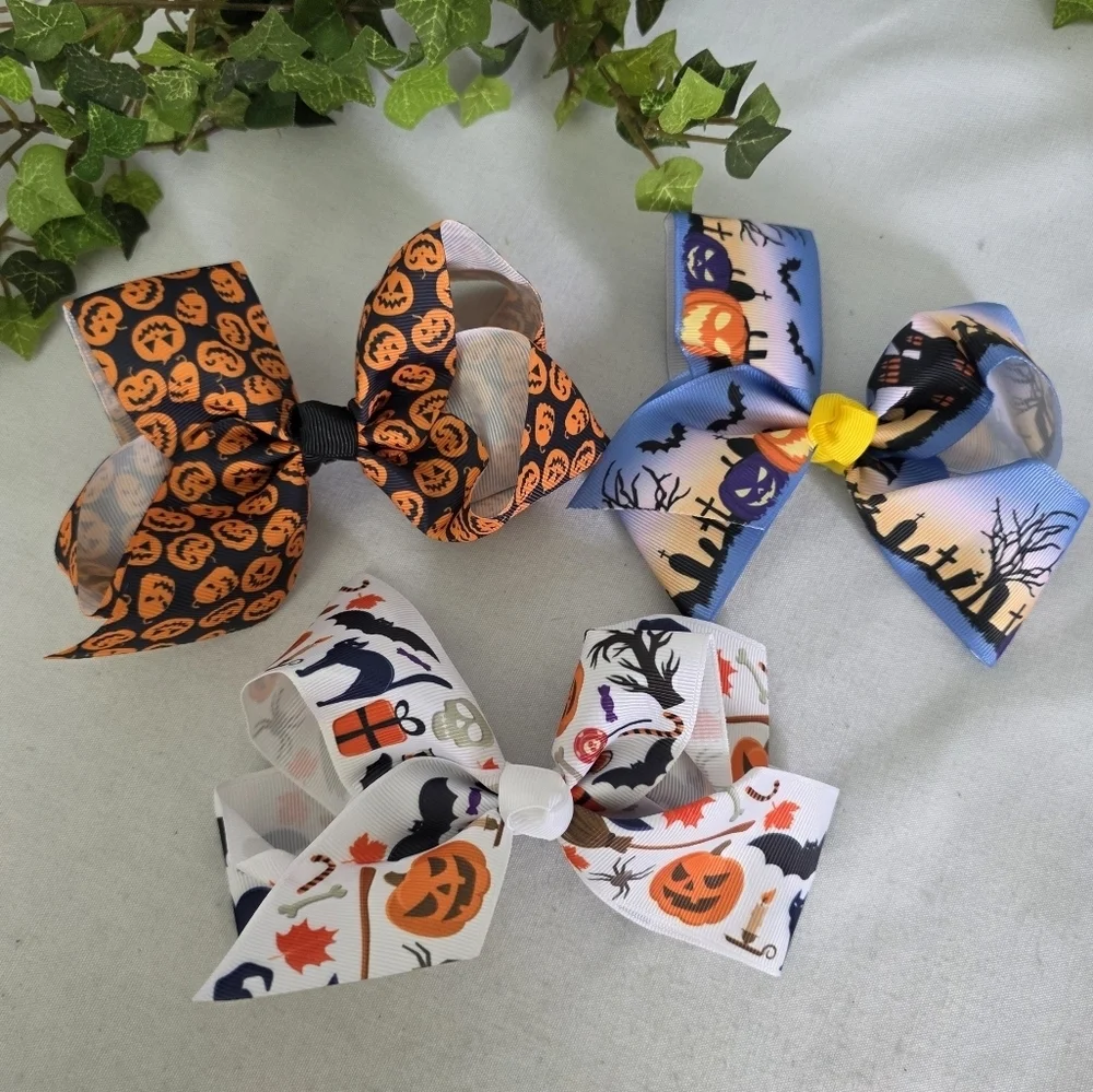 Set Of 3 Halloween Ribbon Hair Bows